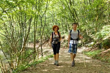 Obraz premium Family hiking in the forest