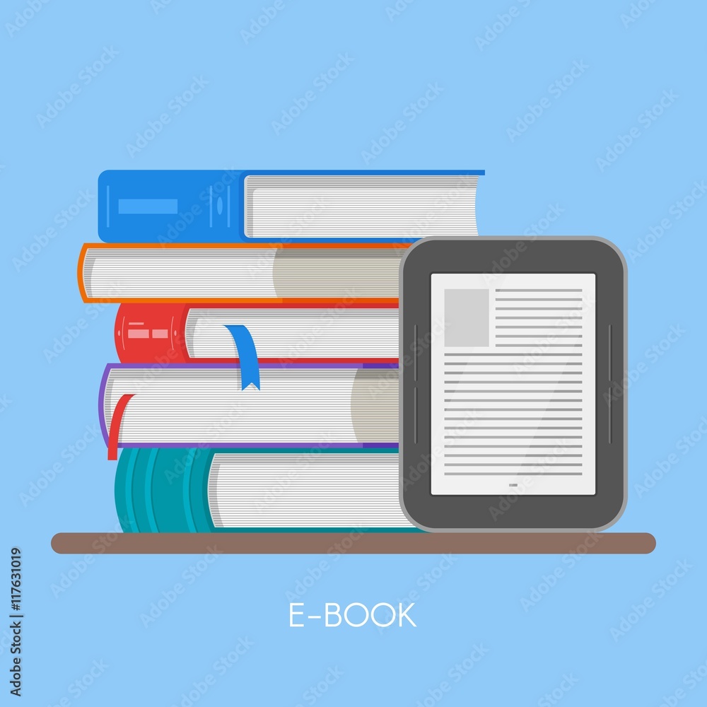 Poster electronic book concept vector illustration in flat style. stack of books and reader.