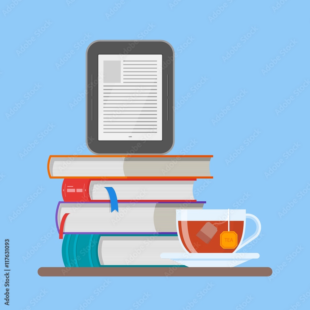 Poster electronic book concept vector illustration in flat style. stack of books and reader.