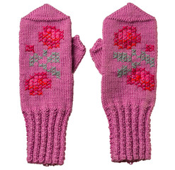 Wool pink mittens with pattern on a white background.