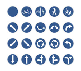 Set of round blue road signs on white