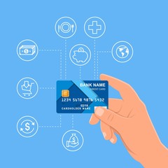 Human hand holding bank credit card. Financial and money payments concept vector illustration in flat style