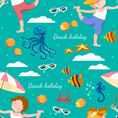 Naklejka na ściany i meble Happy kids on summer beach sea seamless pattern cartoon vector