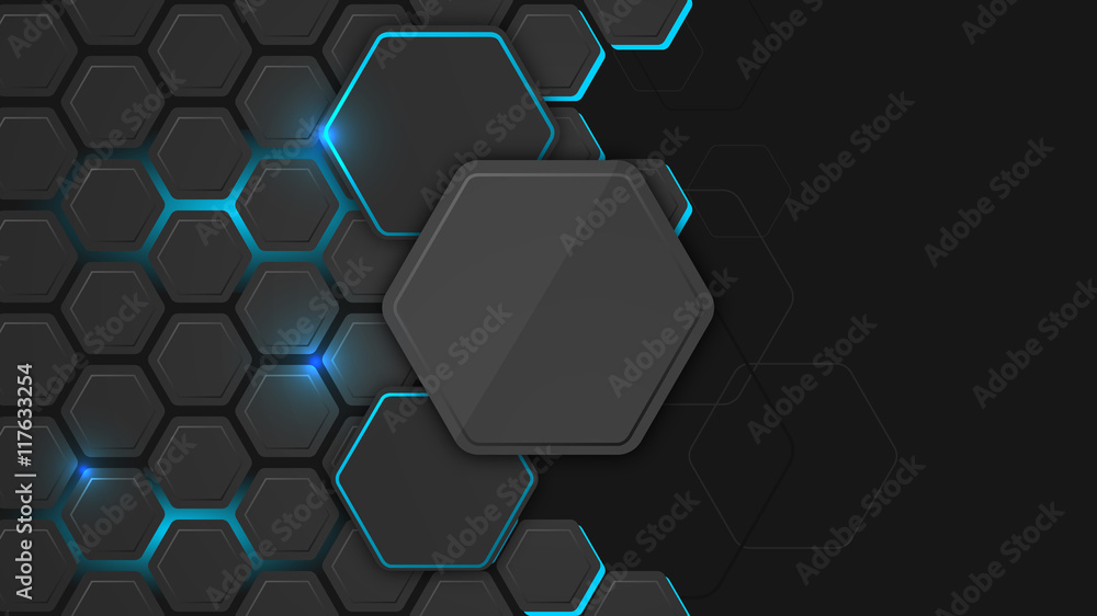 Poster abstract vector background or pc desktop wallpaper with hexagonal structure and backlighting.