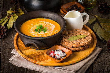 bowl of homemade creamy pumpkin soup
