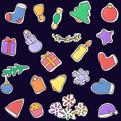 New year icons set. Christmas stickers. Collection of symbol eve. Fir-tree, snowman, candy, gift, present, bell, cap, felt boots, toy, tree, Christmas, snowflake, star, variegated, cake.