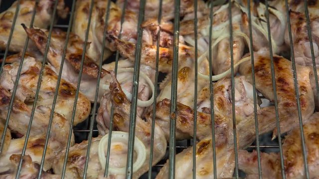Food. Preparation of roasted meat on the fire outdoors for a picnic and relax.