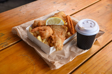 fish and chips with coffee