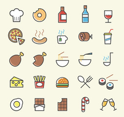 Fototapeta na wymiar Set of 25 Minimalistic Solid Coloured Food Icons. Isolated Vector Elements.