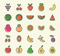 Set of 25 Minimalistic Solid Coloured Fruit Icons. Isolated Vector Elements.