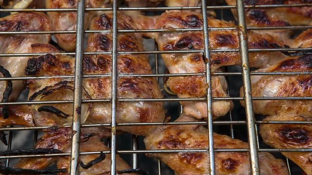 Food. Preparation of roasted meat on the fire outdoors for a picnic and relax.