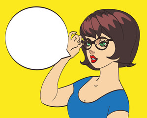 very cute office girl in glasses in pop art style. Colorful drawing, isolated eps 10