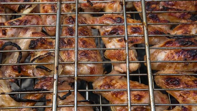 Food. Preparation of roasted meat on the fire outdoors for a picnic and relax.