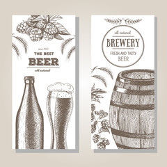 Banner set. Vector illustration in sketch style. Hand drawn beer vertical flyers. Line drawing