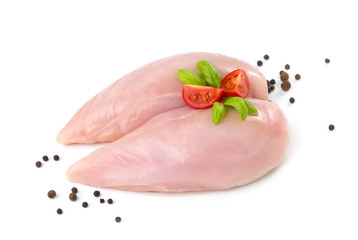 Two raw chicken breasts on white background.