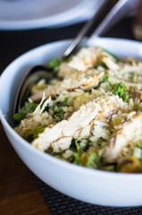 Chicken salad in the white bowl