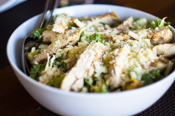 Chicken salad in the white bowl