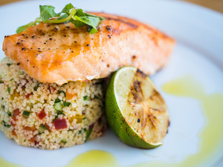 grilled salmon with rice and lime