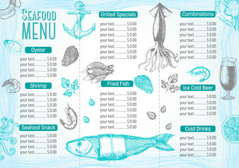 Vintage seafood menu design.Vector illustration document template
