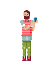 illustration isolated of European hipster with dark brown hair and beard, man touch screen smartphone by hand in flat style