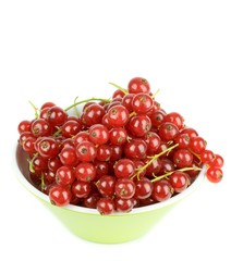 A bowl of red currants on a white background