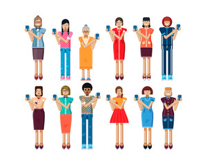 Fototapeta premium illustration isolated set of European, African-American women touch screen smartphone in hands in flat style