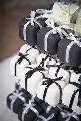 Mini Black and White Wedding Cakes and Ribbons