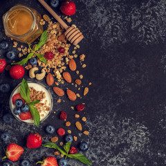 Tasty ingredients (granola, honey, berries, yogurt and nuts) for
