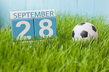 September 28th. Day 28 of month, wooden color calendar on green grass lawn background. Autumn time. Empty space for text