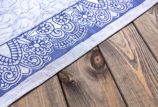 Blue Cloth On Wooden Table, Top View