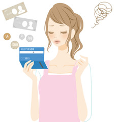 がっかり　通帳を見る女性
