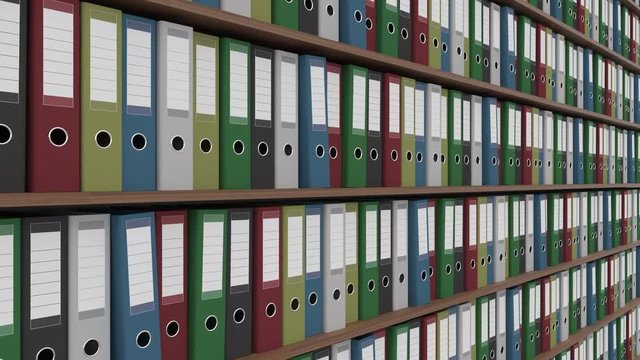 Shelves full of office folders. Dolly shot, no defocus. 4K seamless loop ready clip, ProRes