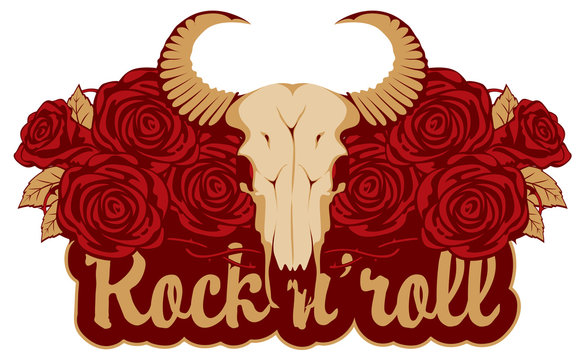 emblem with skull sheep, roses and inscription rock and roll