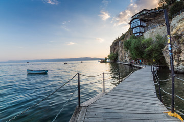 Gangplank over Lake Ohrid in Macedonia - obrazy, fototapety, plakaty