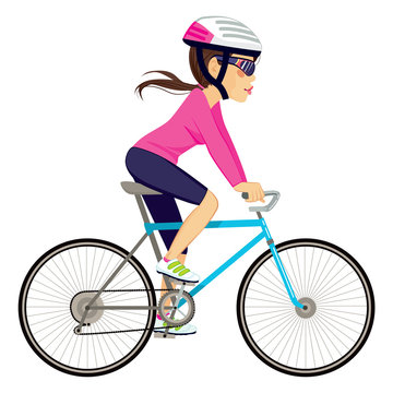 Young professional cyclist woman cycling happy riding bike
