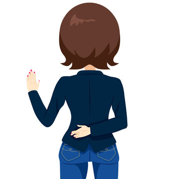 Back view of woman with crossed fingers swearing and lying