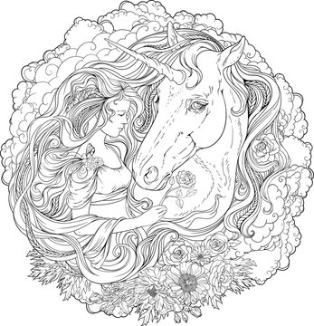 Image of unicorn and girl in clouds.