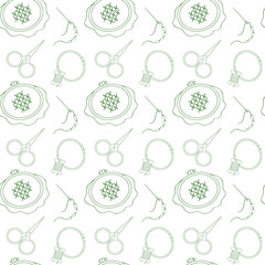 Vector seamless pattern. Hoop, scissors, organizer, spool and other tools for embroidery. Green line on white background for use in design, web site, packaging, textiles, wallpaper, paper.
