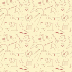 Frame for embroidery, scissors, organizer, spool, a magnifying glass and other accessories. Collected in a vector Seamless pattern for use in design, web site, packaging, textiles, wallpaper.