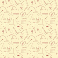 Frame for embroidery, scissors, organizer, spool, a magnifying glass and other accessories. Collected in a vector Seamless pattern for use in design, web site, packaging, textiles, wallpaper.