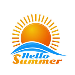 Hello Summer. Sunrise logo icon. Cartoon sun over sea waves. Vector illustration isolated on white background