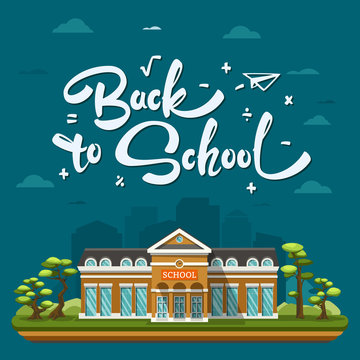 Modern school building on landscape. Concept with lettering or calligraphy Back to school. Vector flat illustration on dark blue background