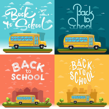 School bus on landscape. Four banners with lettering or calligraphy. Vector illustration