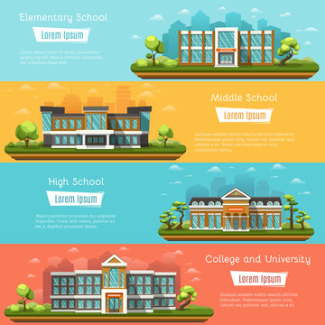 Elementary And Middle School Buildings Outdoors. College And University. High School On Landscape. Four Horizontal Banners With Place For Text. Vector Illustration.