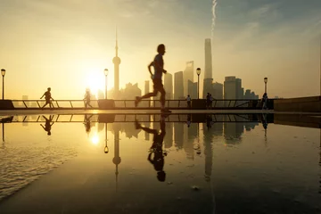 Fototapete People running in morning at Huangpu riverside with Shanghai © ake1150