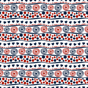 Seamless vector decorative hand drawn pattern. Blue, red, white geometric endless background with ornamental decorative elements with ethnic, traditional motives.