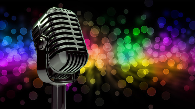 3d illustration of microphone in concert hall with blurred lights at background
