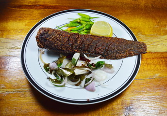 deep fried catfish with herb and lemon on plate
