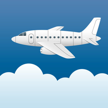 White plane on a background of blue sky and white clouds. Cartoon style. Vector Image.