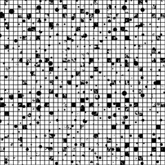 Seamless vector texture. Grunge black and white checkered background with dots, attrition, cracks. Old style abstract vintage design. Graphic illustration. Series of Grunge Old Seamless Patterns.